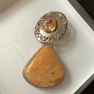 Super Solar Golden Agate Stone Silver Pendant Boho Primitive
